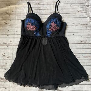 Fredericks of Hollywood Lingerie Babydoll Sz Large L Black Sheer Floral Push Up